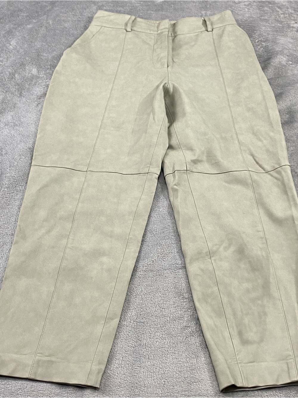 Zara Faux Leather Pants Womens M Beige Green High Waisted Straight Leg Trousers